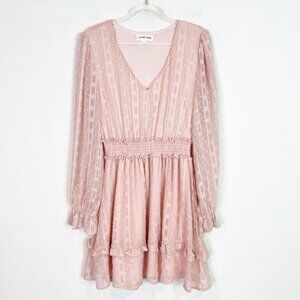 Emerald Sundae Swiss Dot Dress, Pink, Long Sleeve, Smocked Waist. Size S